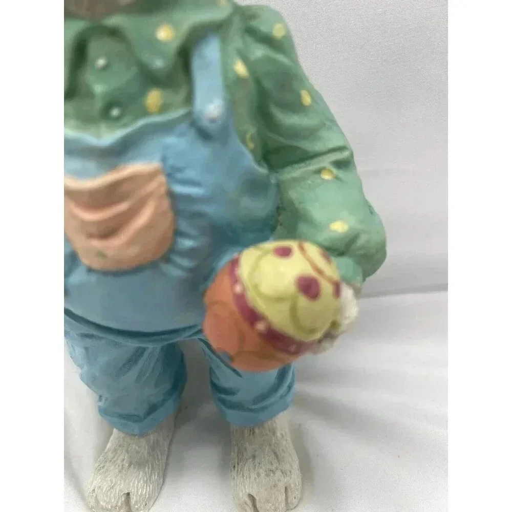 Vintage Bunny Rabbit Figurine Painting Egg Blue Overalls Easter Spring